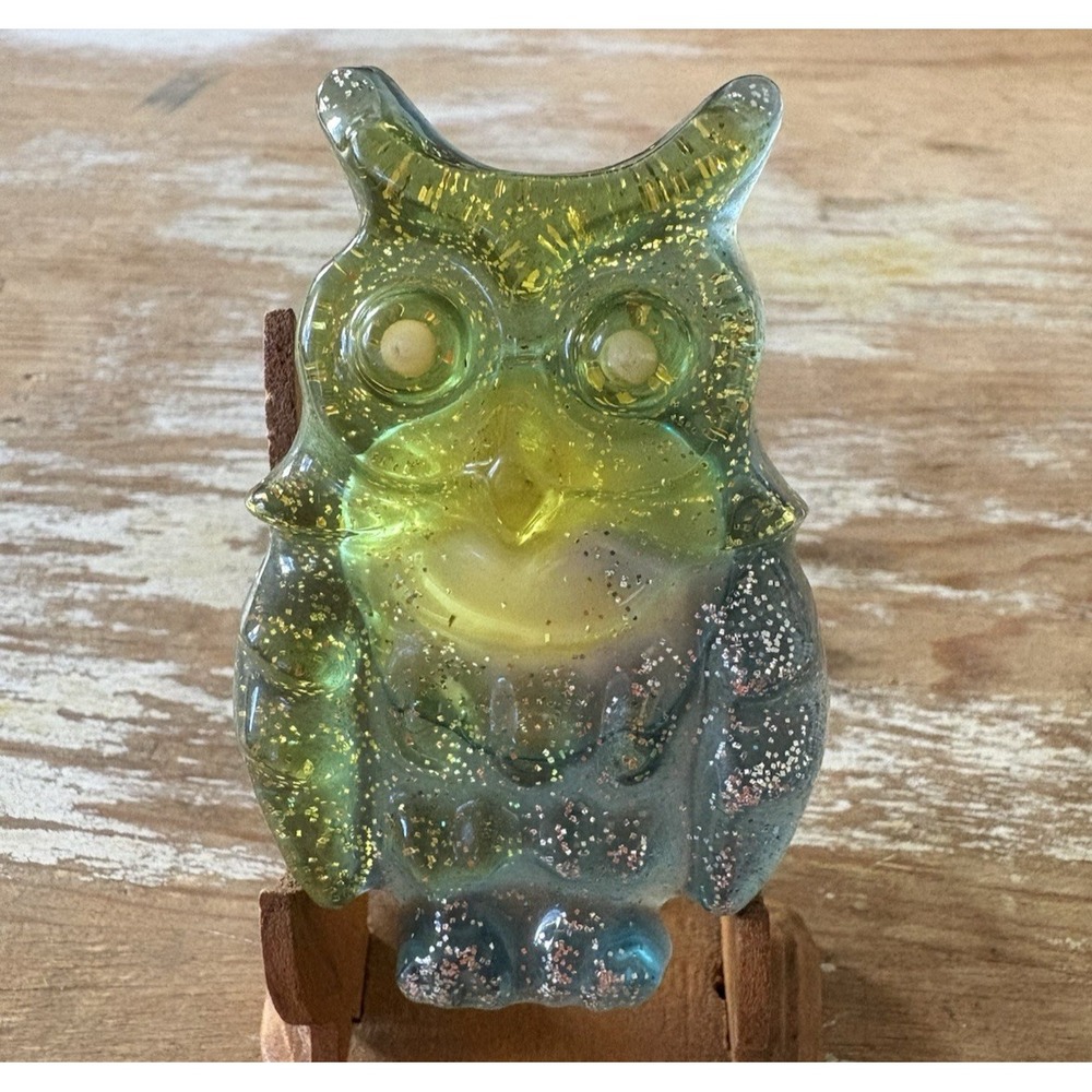 Vintage retro lucite plug in night light owl green blue glitter 1970's works